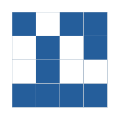 Four-by-four grid; occupied cells (row, column): (1, 1), (1, 3), (1, 4), (2, 2), (2, 4), (3, 2), (4, 1), (4, 2), (4, 3), (4, 4).