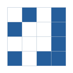 Four-by-four grid; occupied cells (row, column): (1, 2), (1, 4), (2, 1), (2, 4), (3, 4), (4, 1), (4, 3), (4, 4).