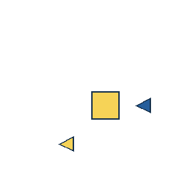 yellow square at grid (3, 3), size 3, quarter-turn orientation 3, filled, no dot; blue triangle at grid (4, 3), size 1, quarter-turn orientation 3, filled, no dot; yellow triangle at grid (2, 4), size 1, quarter-turn orientation 3, filled, no dot. Grid coordinates describe a four-by-four tile; editorial descriptions are not validated accommodations.
