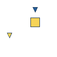 blue triangle at grid (3, 1), size 1, quarter-turn orientation 2, filled, no dot; yellow square at grid (3, 2), size 3, quarter-turn orientation 2, filled, no dot; yellow triangle at grid (1, 3), size 1, quarter-turn orientation 2, filled, no dot. Grid coordinates describe a four-by-four tile; editorial descriptions are not validated accommodations.