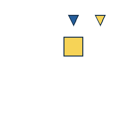 blue triangle at grid (3, 1), size 1, quarter-turn orientation 2, filled, no dot; yellow triangle at grid (4, 1), size 1, quarter-turn orientation 2, filled, no dot; yellow square at grid (3, 2), size 3, quarter-turn orientation 2, filled, no dot. Grid coordinates describe a four-by-four tile; editorial descriptions are not validated accommodations.