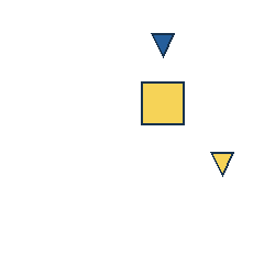 blue triangle at grid (3, 1), size 1, quarter-turn orientation 2, filled, no dot; yellow square at grid (3, 2), size 3, quarter-turn orientation 2, filled, no dot; yellow triangle at grid (4, 3), size 1, quarter-turn orientation 2, filled, no dot. Grid coordinates describe a four-by-four tile; editorial descriptions are not validated accommodations.