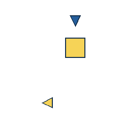 blue triangle at grid (3, 1), size 1, quarter-turn orientation 2, filled, no dot; yellow square at grid (3, 2), size 3, quarter-turn orientation 2, filled, no dot; yellow triangle at grid (2, 4), size 1, quarter-turn orientation 3, filled, no dot. Grid coordinates describe a four-by-four tile; editorial descriptions are not validated accommodations.