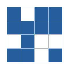 Four-by-four grid; occupied cells (row, column): (1, 1), (1, 3), (1, 4), (2, 1), (2, 2), (2, 3), (2, 4), (3, 2), (4, 1), (4, 2), (4, 4).