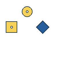 yellow circle at grid (2, 1), size 2, quarter-turn orientation 1, filled, center dot; yellow square at grid (1, 2), size 3, quarter-turn orientation 2, filled, center dot; blue diamond at grid (3, 2), size 3, quarter-turn orientation 1, filled, no dot. Grid coordinates describe a four-by-four tile; editorial descriptions are not validated accommodations.