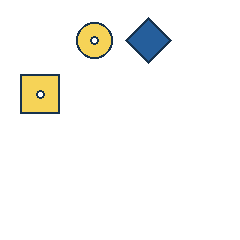 yellow circle at grid (2, 1), size 2, quarter-turn orientation 1, filled, center dot; blue diamond at grid (3, 1), size 3, quarter-turn orientation 1, filled, no dot; yellow square at grid (1, 2), size 3, quarter-turn orientation 2, filled, center dot. Grid coordinates describe a four-by-four tile; editorial descriptions are not validated accommodations.