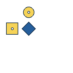 yellow circle at grid (2, 1), size 2, quarter-turn orientation 1, filled, center dot; yellow square at grid (1, 2), size 3, quarter-turn orientation 2, filled, center dot; blue diamond at grid (2, 2), size 3, quarter-turn orientation 1, filled, no dot. Grid coordinates describe a four-by-four tile; editorial descriptions are not validated accommodations.