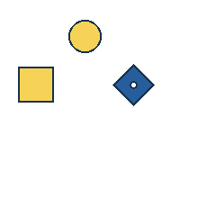 yellow circle at grid (2, 1), size 2, quarter-turn orientation 1, filled, no dot; yellow square at grid (1, 2), size 3, quarter-turn orientation 2, filled, no dot; blue diamond at grid (3, 2), size 3, quarter-turn orientation 1, filled, center dot. Grid coordinates describe a four-by-four tile; editorial descriptions are not validated accommodations.