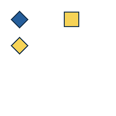 blue diamond at grid (1, 1), size 2, quarter-turn orientation 2, filled, no dot; yellow square at grid (3, 1), size 2, quarter-turn orientation 1, filled, no dot; yellow diamond at grid (1, 2), size 2, quarter-turn orientation 0, filled, no dot. Grid coordinates describe a four-by-four tile; editorial descriptions are not validated accommodations.