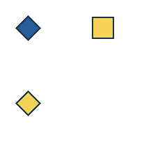 blue diamond at grid (1, 1), size 2, quarter-turn orientation 2, filled, no dot; yellow square at grid (3, 1), size 2, quarter-turn orientation 1, filled, no dot; yellow diamond at grid (1, 3), size 2, quarter-turn orientation 0, filled, no dot. Grid coordinates describe a four-by-four tile; editorial descriptions are not validated accommodations.