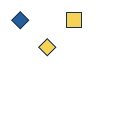blue diamond at grid (1, 1), size 2, quarter-turn orientation 2, filled, no dot; yellow square at grid (3, 1), size 2, quarter-turn orientation 1, filled, no dot; yellow diamond at grid (2, 2), size 2, quarter-turn orientation 0, filled, no dot. Grid coordinates describe a four-by-four tile; editorial descriptions are not validated accommodations.