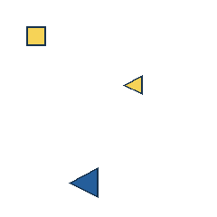 yellow square at grid (1, 1), size 1, quarter-turn orientation 2, filled, no dot; yellow triangle at grid (3, 2), size 1, quarter-turn orientation 3, filled, no dot; blue triangle at grid (2, 4), size 2, quarter-turn orientation 3, filled, no dot. Grid coordinates describe a four-by-four tile; editorial descriptions are not validated accommodations.