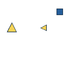 blue square at grid (4, 1), size 1, quarter-turn orientation 3, filled, no dot; yellow triangle at grid (1, 2), size 2, quarter-turn orientation 0, filled, no dot; yellow triangle at grid (3, 2), size 1, quarter-turn orientation 3, filled, no dot. Grid coordinates describe a four-by-four tile; editorial descriptions are not validated accommodations.