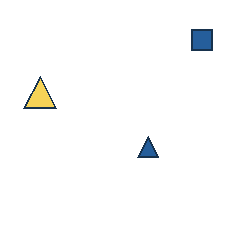 blue square at grid (4, 1), size 1, quarter-turn orientation 3, filled, no dot; yellow triangle at grid (1, 2), size 2, quarter-turn orientation 0, filled, no dot; blue triangle at grid (3, 3), size 1, quarter-turn orientation 0, filled, no dot. Grid coordinates describe a four-by-four tile; editorial descriptions are not validated accommodations.