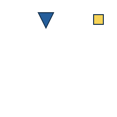 blue triangle at grid (2, 1), size 2, quarter-turn orientation 2, filled, no dot; yellow square at grid (4, 1), size 1, quarter-turn orientation 2, filled, no dot. Grid coordinates describe a four-by-four tile; editorial descriptions are not validated accommodations.