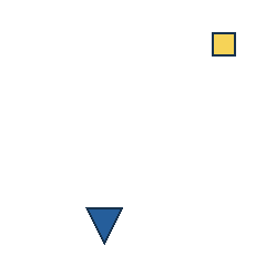 yellow square at grid (4, 1), size 1, quarter-turn orientation 2, filled, no dot; blue triangle at grid (2, 4), size 2, quarter-turn orientation 2, filled, no dot. Grid coordinates describe a four-by-four tile; editorial descriptions are not validated accommodations.