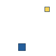 yellow square at grid (4, 1), size 1, quarter-turn orientation 2, filled, no dot; blue square at grid (2, 4), size 2, quarter-turn orientation 2, filled, no dot. Grid coordinates describe a four-by-four tile; editorial descriptions are not validated accommodations.