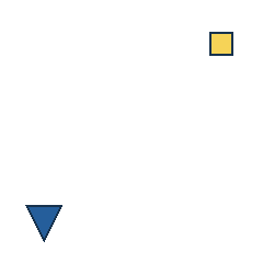 yellow square at grid (4, 1), size 1, quarter-turn orientation 2, filled, no dot; blue triangle at grid (1, 4), size 2, quarter-turn orientation 2, filled, no dot. Grid coordinates describe a four-by-four tile; editorial descriptions are not validated accommodations.