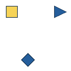 yellow square at grid (1, 1), size 3, quarter-turn orientation 0, filled, no dot; blue triangle at grid (4, 1), size 3, quarter-turn orientation 1, filled, no dot; blue diamond at grid (2, 4), size 3, quarter-turn orientation 1, filled, no dot. Grid coordinates describe a four-by-four tile; editorial descriptions are not validated accommodations.