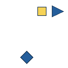 yellow square at grid (3, 1), size 2, quarter-turn orientation 0, filled, no dot; blue triangle at grid (4, 1), size 3, quarter-turn orientation 1, filled, no dot; blue diamond at grid (2, 4), size 3, quarter-turn orientation 1, filled, no dot. Grid coordinates describe a four-by-four tile; editorial descriptions are not validated accommodations.
