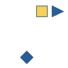 yellow square at grid (3, 1), size 3, quarter-turn orientation 0, filled, no dot; blue triangle at grid (4, 1), size 3, quarter-turn orientation 1, filled, no dot; blue diamond at grid (2, 4), size 3, quarter-turn orientation 1, filled, no dot. Grid coordinates describe a four-by-four tile; editorial descriptions are not validated accommodations.
