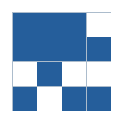 Four-by-four grid; occupied cells (row, column): (1, 1), (1, 2), (1, 3), (2, 1), (2, 2), (2, 3), (2, 4), (3, 2), (4, 1), (4, 3), (4, 4).