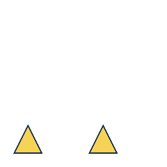 yellow triangle at grid (1, 4), size 3, quarter-turn orientation 0, filled, no dot; yellow triangle at grid (3, 4), size 3, quarter-turn orientation 0, filled, no dot. Grid coordinates describe a four-by-four tile; editorial descriptions are not validated accommodations.