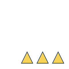 yellow triangle at grid (2, 4), size 3, quarter-turn orientation 0, filled, no dot; yellow triangle at grid (3, 4), size 3, quarter-turn orientation 0, filled, no dot; yellow triangle at grid (4, 4), size 3, quarter-turn orientation 0, filled, no dot. Grid coordinates describe a four-by-four tile; editorial descriptions are not validated accommodations.