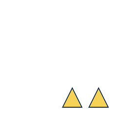 yellow triangle at grid (3, 4), size 3, quarter-turn orientation 0, filled, no dot; yellow triangle at grid (4, 4), size 3, quarter-turn orientation 0, filled, no dot. Grid coordinates describe a four-by-four tile; editorial descriptions are not validated accommodations.