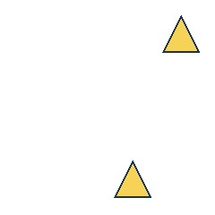 yellow triangle at grid (4, 1), size 3, quarter-turn orientation 0, filled, no dot; yellow triangle at grid (3, 4), size 3, quarter-turn orientation 0, filled, no dot. Grid coordinates describe a four-by-four tile; editorial descriptions are not validated accommodations.