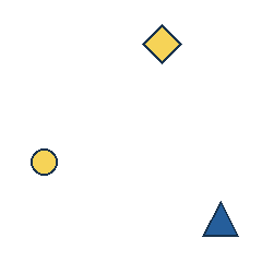 yellow diamond at grid (3, 1), size 2, quarter-turn orientation 2, filled, no dot; yellow circle at grid (1, 3), size 1, quarter-turn orientation 0, filled, no dot; blue triangle at grid (4, 4), size 2, quarter-turn orientation 0, filled, no dot. Grid coordinates describe a four-by-four tile; editorial descriptions are not validated accommodations.
