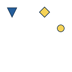 blue triangle at grid (1, 1), size 2, quarter-turn orientation 2, filled, no dot; yellow diamond at grid (3, 1), size 2, quarter-turn orientation 2, filled, no dot; yellow circle at grid (4, 2), size 1, quarter-turn orientation 2, filled, no dot. Grid coordinates describe a four-by-four tile; editorial descriptions are not validated accommodations.