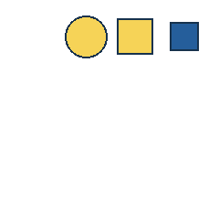 yellow circle at grid (2, 1), size 3, quarter-turn orientation 0, filled, no dot; yellow square at grid (3, 1), size 3, quarter-turn orientation 3, filled, no dot; blue square at grid (4, 1), size 2, quarter-turn orientation 2, filled, no dot. Grid coordinates describe a four-by-four tile; editorial descriptions are not validated accommodations.