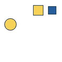 yellow square at grid (3, 1), size 3, quarter-turn orientation 3, filled, no dot; blue square at grid (4, 1), size 2, quarter-turn orientation 2, filled, no dot; yellow circle at grid (1, 2), size 3, quarter-turn orientation 0, filled, no dot. Grid coordinates describe a four-by-four tile; editorial descriptions are not validated accommodations.