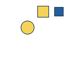 yellow square at grid (3, 1), size 3, quarter-turn orientation 3, filled, no dot; blue square at grid (4, 1), size 2, quarter-turn orientation 2, filled, no dot; yellow circle at grid (2, 2), size 3, quarter-turn orientation 0, filled, no dot. Grid coordinates describe a four-by-four tile; editorial descriptions are not validated accommodations.