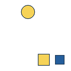 yellow circle at grid (2, 1), size 3, quarter-turn orientation 0, filled, no dot; yellow square at grid (3, 4), size 3, quarter-turn orientation 3, filled, no dot; blue square at grid (4, 4), size 2, quarter-turn orientation 2, filled, no dot. Grid coordinates describe a four-by-four tile; editorial descriptions are not validated accommodations.