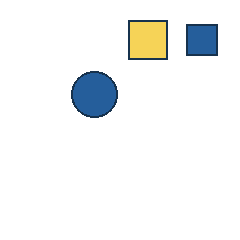 yellow square at grid (3, 1), size 3, quarter-turn orientation 3, filled, no dot; blue square at grid (4, 1), size 2, quarter-turn orientation 2, filled, no dot; blue circle at grid (2, 2), size 3, quarter-turn orientation 0, filled, no dot. Grid coordinates describe a four-by-four tile; editorial descriptions are not validated accommodations.