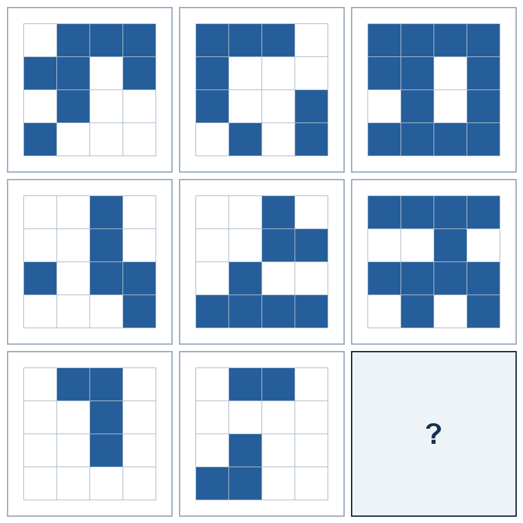 3 rows of three four-by-four spatial grids. The last result grid is missing.