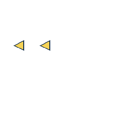 yellow triangle at grid (1, 2), size 1, quarter-turn orientation 3, filled, no dot; yellow triangle at grid (2, 2), size 1, quarter-turn orientation 3, filled, no dot. Grid coordinates describe a four-by-four tile; editorial descriptions are not validated accommodations.