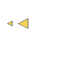 yellow triangle at grid (1, 2), size 1, quarter-turn orientation 3, filled, no dot; yellow triangle at grid (2, 2), size 3, quarter-turn orientation 3, filled, no dot. Grid coordinates describe a four-by-four tile; editorial descriptions are not validated accommodations.
