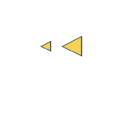 yellow triangle at grid (2, 2), size 1, quarter-turn orientation 3, filled, no dot; yellow triangle at grid (3, 2), size 3, quarter-turn orientation 3, filled, no dot. Grid coordinates describe a four-by-four tile; editorial descriptions are not validated accommodations.