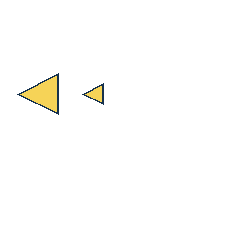 yellow triangle at grid (1, 2), size 3, quarter-turn orientation 3, filled, no dot; yellow triangle at grid (2, 2), size 1, quarter-turn orientation 3, filled, no dot. Grid coordinates describe a four-by-four tile; editorial descriptions are not validated accommodations.