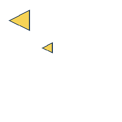 yellow triangle at grid (1, 1), size 3, quarter-turn orientation 3, filled, no dot; yellow triangle at grid (2, 2), size 1, quarter-turn orientation 3, filled, no dot. Grid coordinates describe a four-by-four tile; editorial descriptions are not validated accommodations.