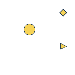 yellow diamond at grid (4, 1), size 1, quarter-turn orientation 2, filled, no dot; yellow circle at grid (2, 2), size 2, quarter-turn orientation 2, filled, no dot; yellow triangle at grid (4, 3), size 1, quarter-turn orientation 1, filled, no dot. Grid coordinates describe a four-by-four tile; editorial descriptions are not validated accommodations.