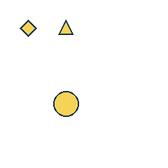 yellow diamond at grid (1, 1), size 1, quarter-turn orientation 1, filled, no dot; yellow triangle at grid (2, 1), size 1, quarter-turn orientation 0, filled, no dot; yellow circle at grid (2, 3), size 2, quarter-turn orientation 1, filled, no dot. Grid coordinates describe a four-by-four tile; editorial descriptions are not validated accommodations.