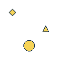 yellow diamond at grid (1, 1), size 1, quarter-turn orientation 1, filled, no dot; yellow triangle at grid (3, 2), size 1, quarter-turn orientation 0, filled, no dot; yellow circle at grid (2, 3), size 2, quarter-turn orientation 1, filled, no dot. Grid coordinates describe a four-by-four tile; editorial descriptions are not validated accommodations.