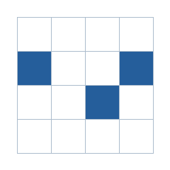 Four-by-four grid; occupied cells (row, column): (2, 1), (2, 4), (3, 3).