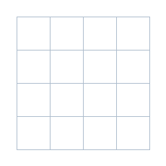 Four-by-four grid; occupied cells (row, column): .