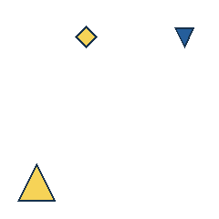 yellow diamond at grid (2, 1), size 1, quarter-turn orientation 3, filled, no dot; blue triangle at grid (4, 1), size 1, quarter-turn orientation 2, filled, no dot; yellow triangle at grid (1, 4), size 3, quarter-turn orientation 0, filled, no dot. Grid coordinates describe a four-by-four tile; editorial descriptions are not validated accommodations.