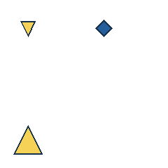 yellow triangle at grid (1, 1), size 1, quarter-turn orientation 2, filled, no dot; blue diamond at grid (3, 1), size 1, quarter-turn orientation 1, filled, no dot; yellow triangle at grid (1, 4), size 3, quarter-turn orientation 0, filled, no dot. Grid coordinates describe a four-by-four tile; editorial descriptions are not validated accommodations.